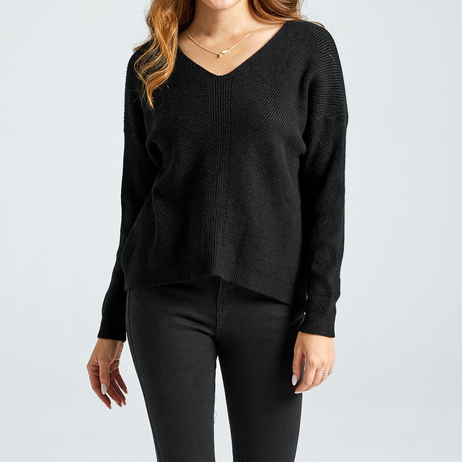 Black V-neck Long-sleeve Sweater Black big image 3