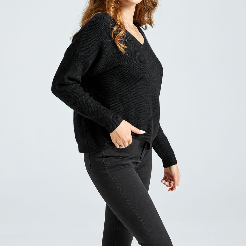 Black V-neck Long-sleeve Sweater Black big image 2