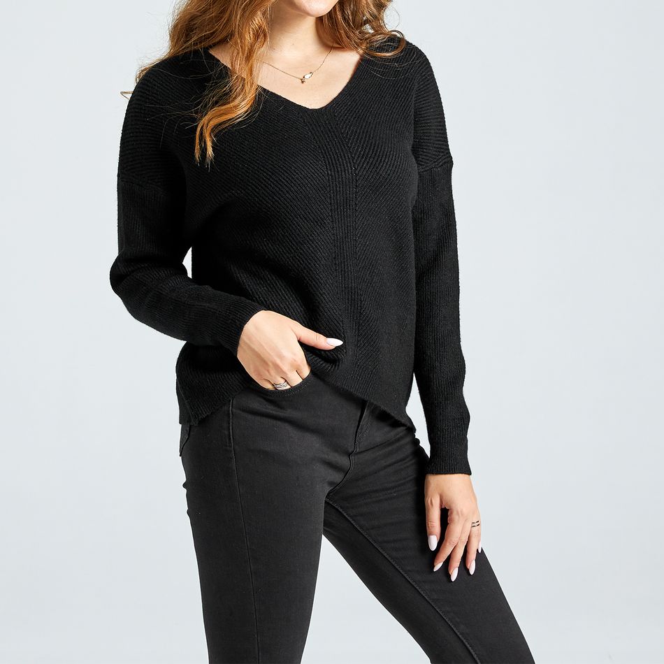 Black V-neck Long-sleeve Sweater Black big image 1