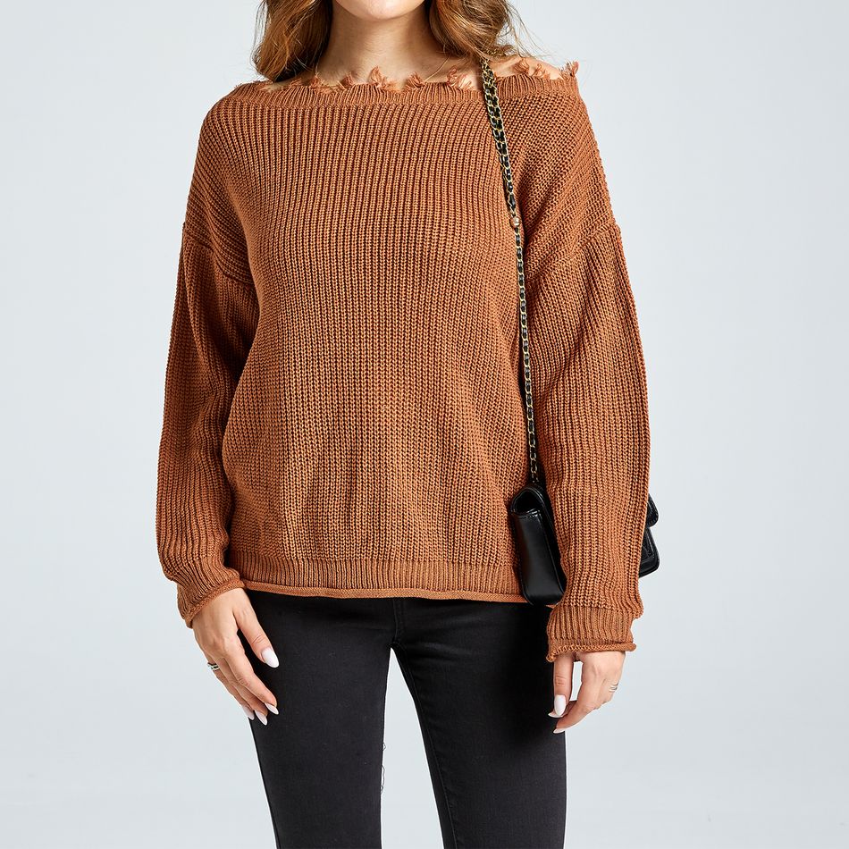 One-Shoulder Raw Trim Long-sleeve Brown Sweater Brown