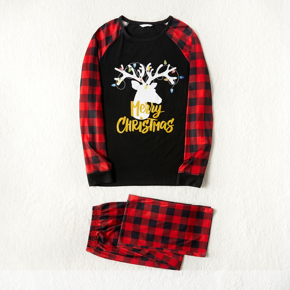 Christmas Deer and Print Family Matching Plaid Long-sleeve Pajamas Sets (Flame Resistant) Red big image 3