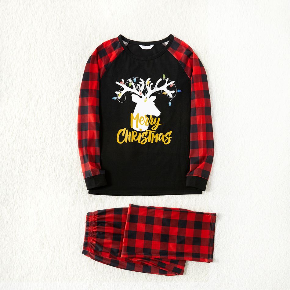 Christmas Deer and Print Family Matching Plaid Long-sleeve Pajamas Sets (Flame Resistant) Red big image 2