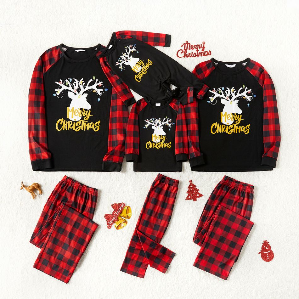 Christmas Deer and Print Family Matching Plaid Long-sleeve Pajamas Sets (Flame Resistant) Red big image 1