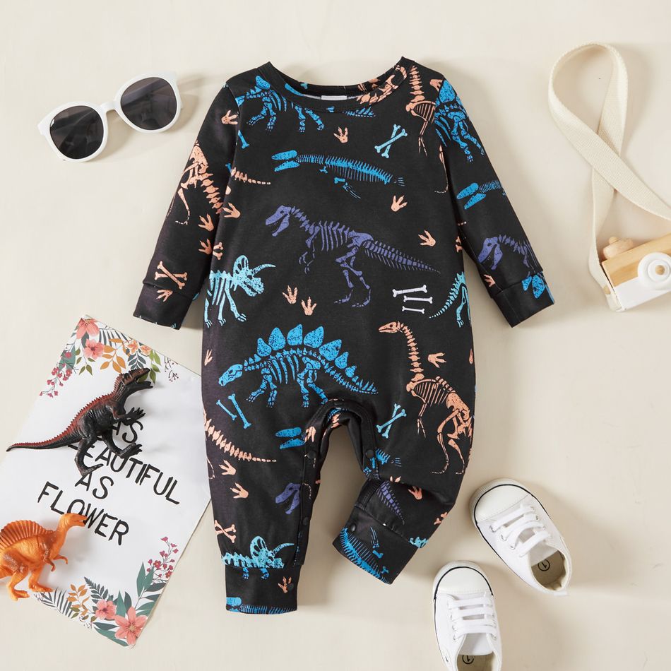 Baby Boy All Over Dinosaur Print Long-sleeve Jumpsuit Black