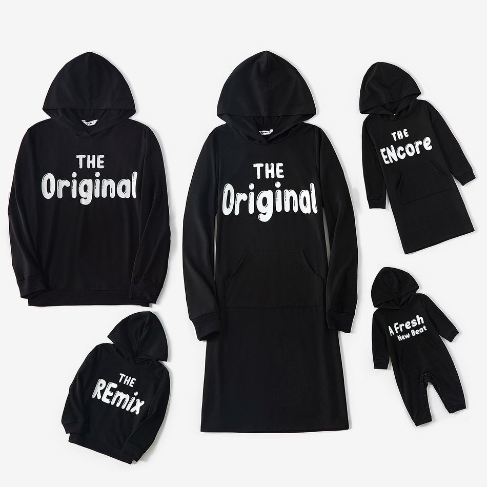 Family Matching Letter Print Black Long-sleeve Casual Dresses and Hoodies Sets Black/White