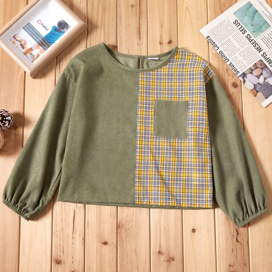 Kid Girl Plaid Colorblock Pullover Sweatshirt Green