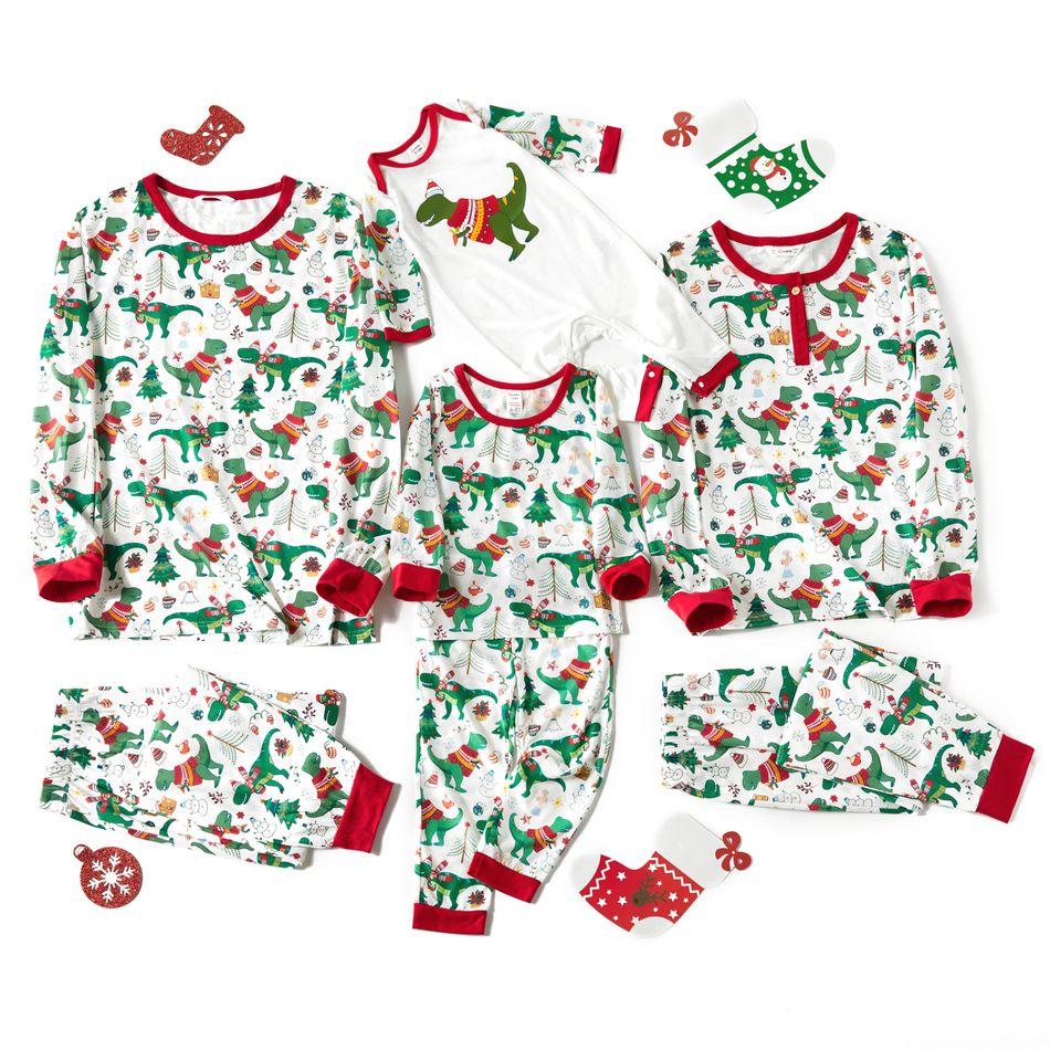 Christmas Dinosaur Print Green Family Matching Long-sleeve Pajamas Sets (Flame Resistant) Green/White