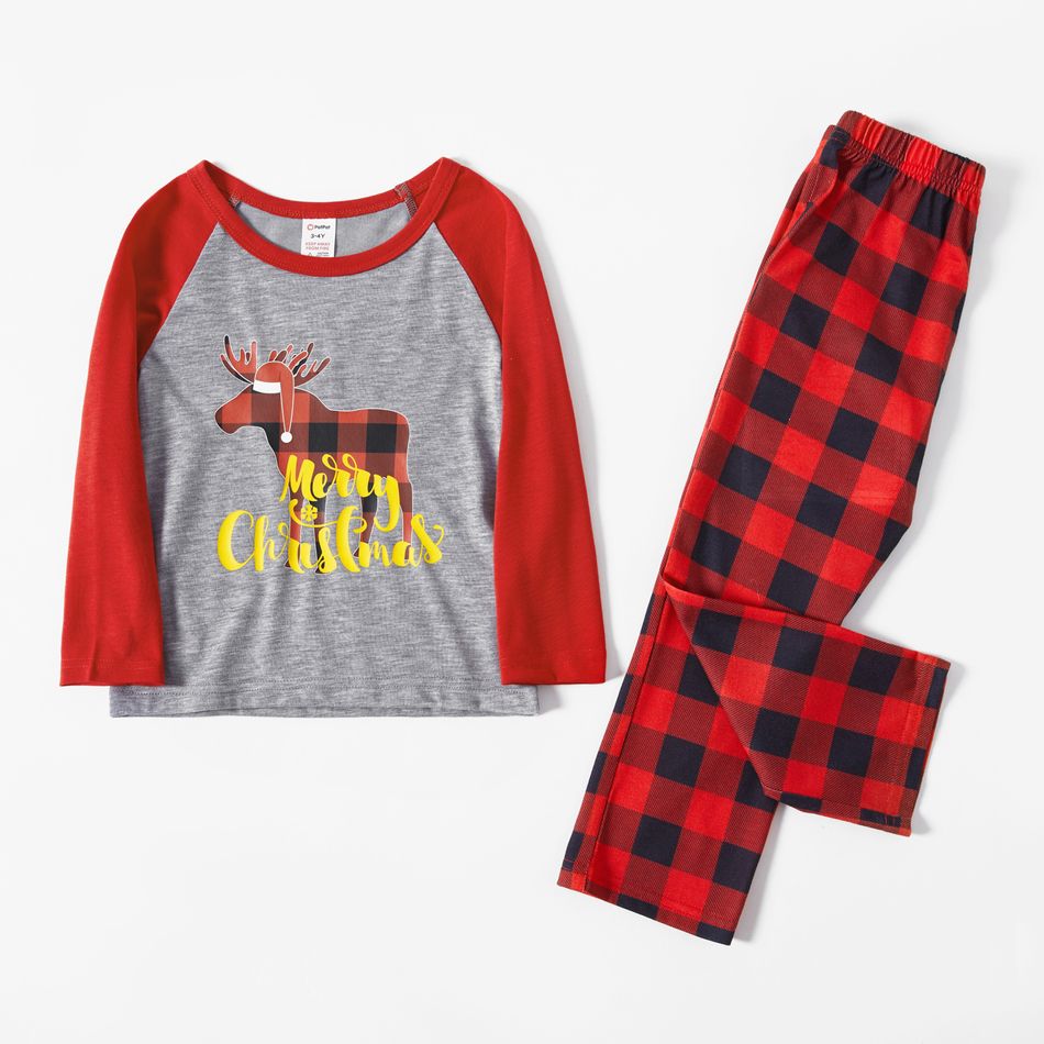 Christmas Reindeer and Letter Print Red Family Matching Raglan Long-sleeve Plaid Pajamas Sets (Flame Resistant) Color block big image 9