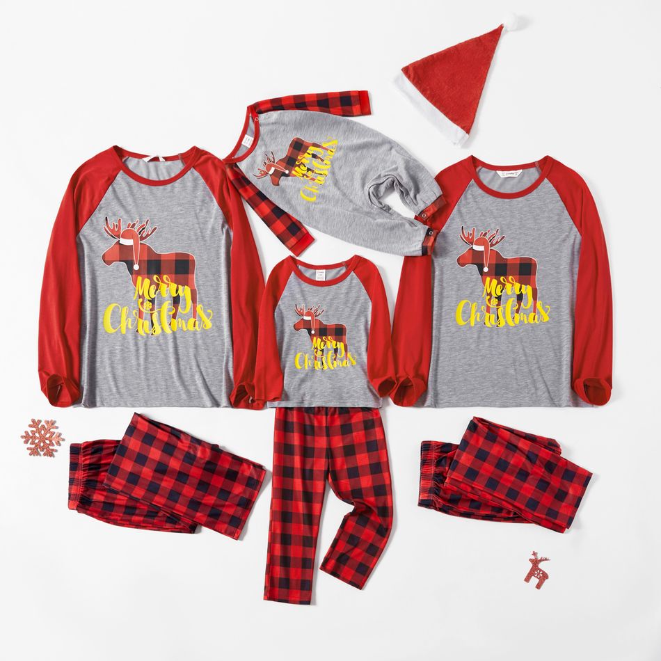 Christmas Reindeer and Letter Print Red Family Matching Raglan Long-sleeve Plaid Pajamas Sets (Flame Resistant) Color block big image 1