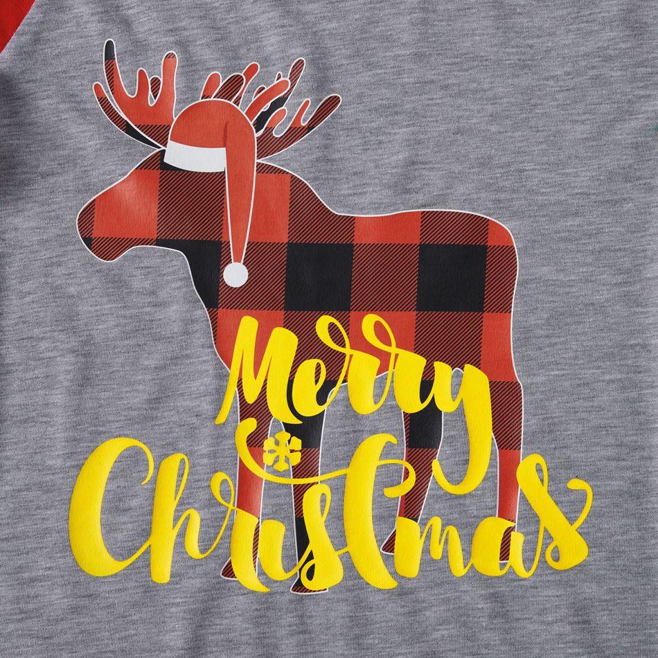 Christmas Reindeer and Letter Print Red Family Matching Raglan Long-sleeve Plaid Pajamas Sets (Flame Resistant) Color block big image 5