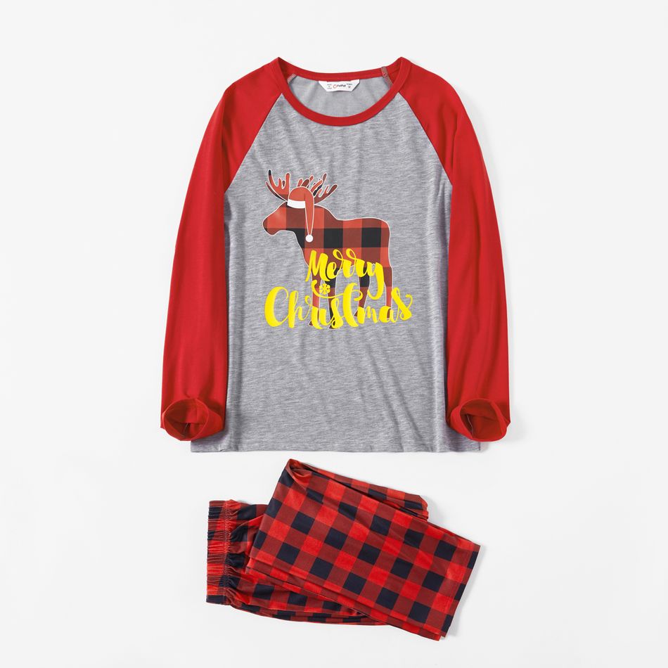 Christmas Reindeer and Letter Print Red Family Matching Raglan Long-sleeve Plaid Pajamas Sets (Flame Resistant) Color block big image 3