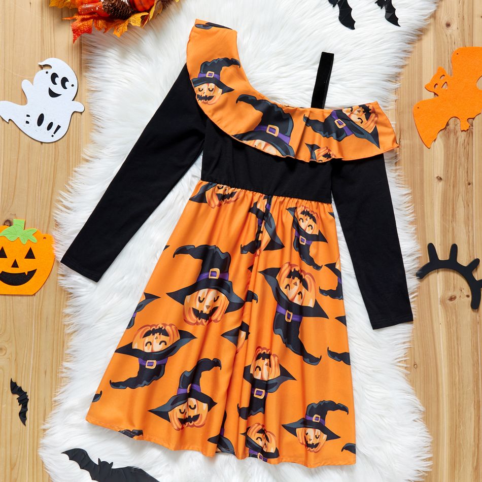 Kid Girl Halloween Pumpkin Print Flounce One Shoulder Strap Long-sleeve Dress Yellow big image 4