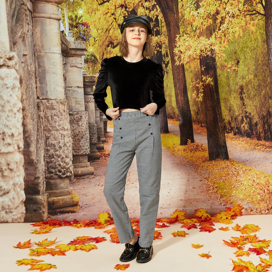 2-piece Kid Girl Puff-sleeve Black Velvet Long-sleeve Top and Houndstooth Pants Set Black