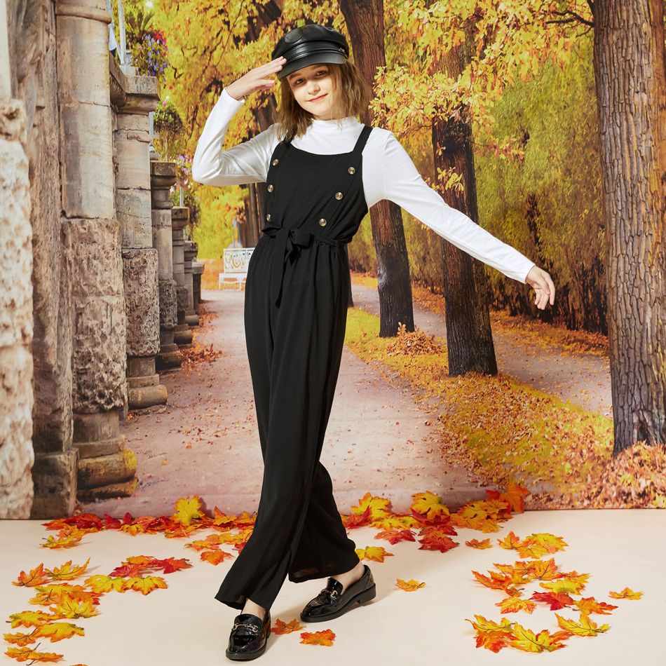 2-piece Kid Girl Mock Neck Long-sleeve White Top and Button Design Belted Black Overalls Set Black