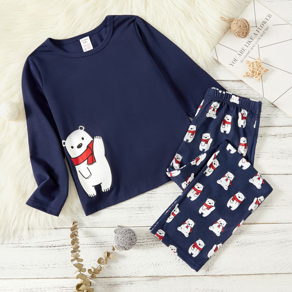 2-piece Kid Boy Bear Print Long-sleeve Top and Pants Pajamas Lounge Set Blue