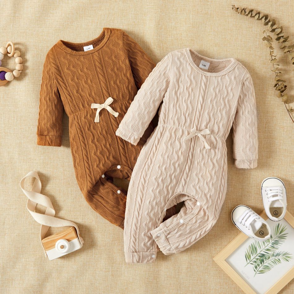 Baby Girl Solid Cable Knit Long-sleeve Snap-up Jumpsuit Beige big image 2