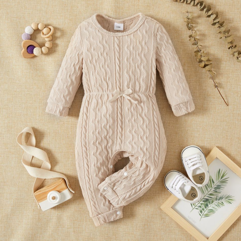Baby Girl Solid Cable Knit Long-sleeve Snap-up Jumpsuit Beige big image 1