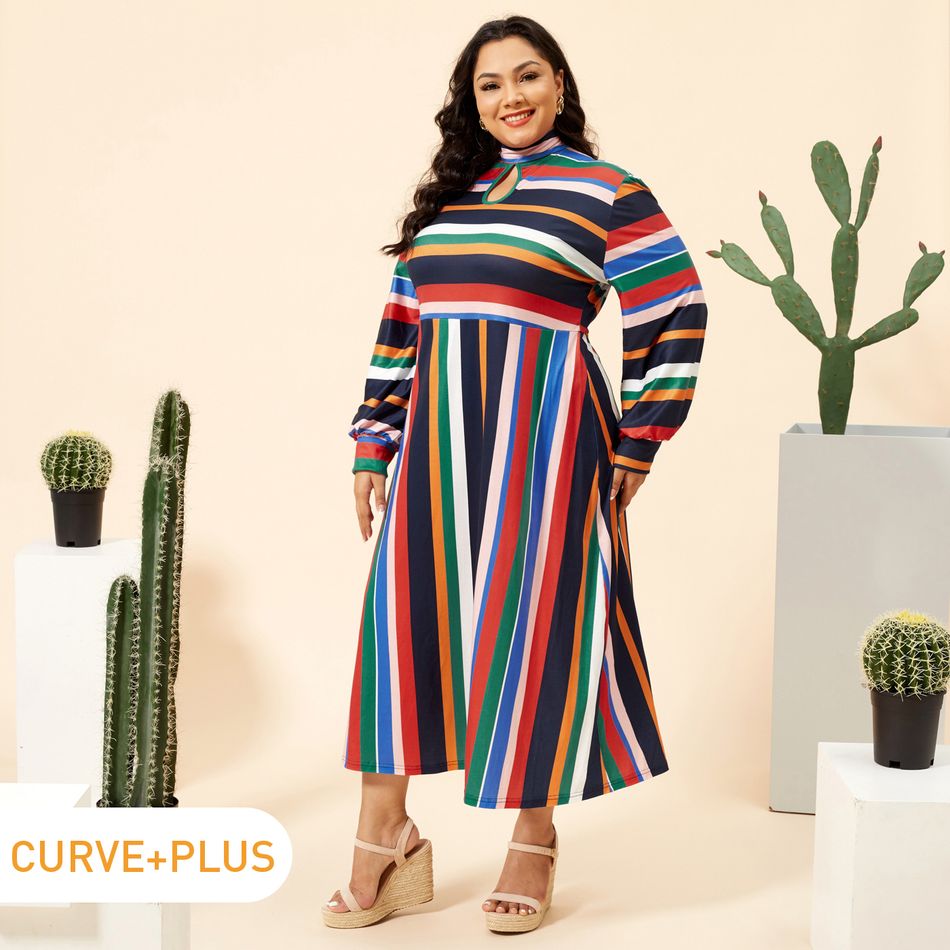 Women Plus Size Casual Colorful Stripe Hollow out Mock Neck Backless Tie Back Long-sleeve Dress Black/White/Red