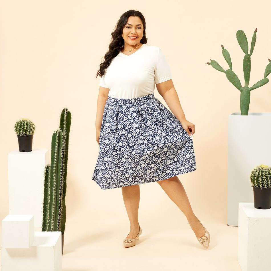 Women Plus Size Elegant 100% Cotton Floral Print Skirt Dark Blue big image 2