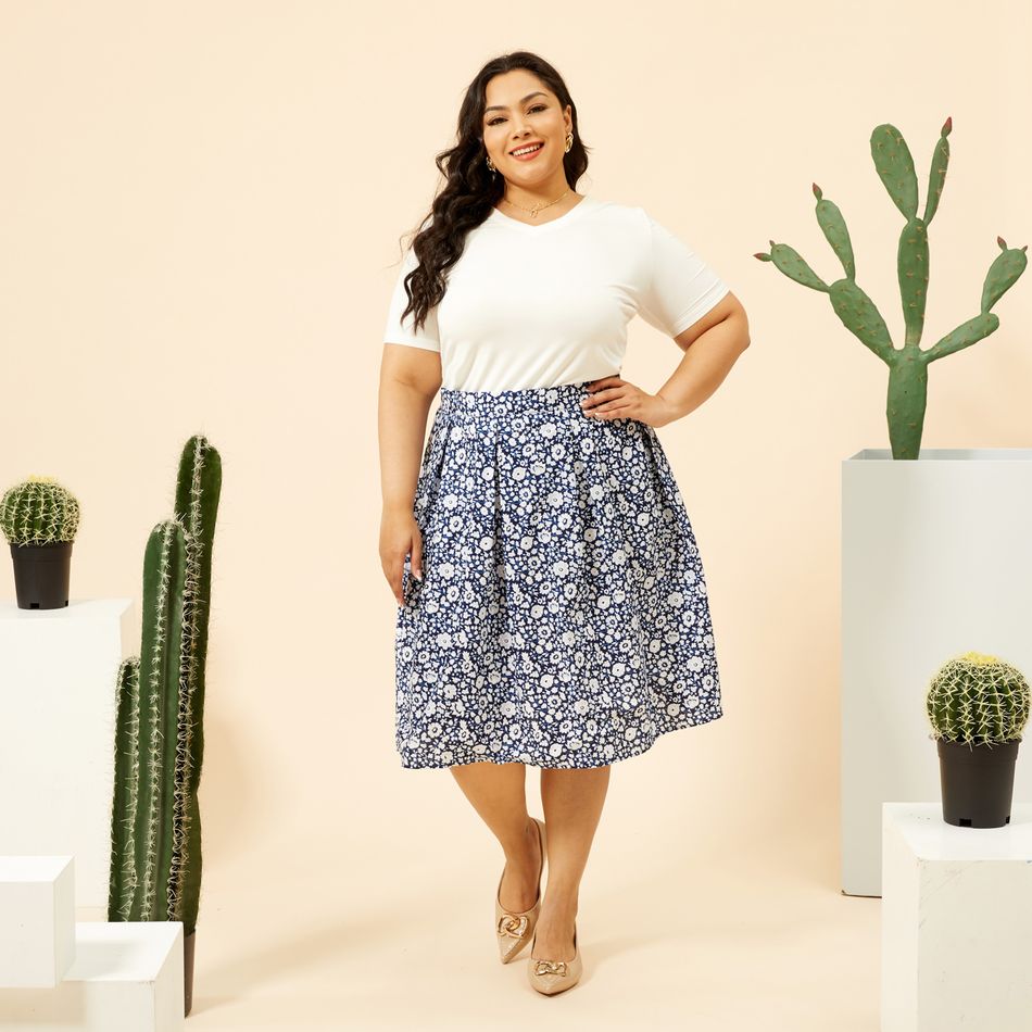Women Plus Size Elegant 100% Cotton Floral Print Skirt Dark Blue big image 3