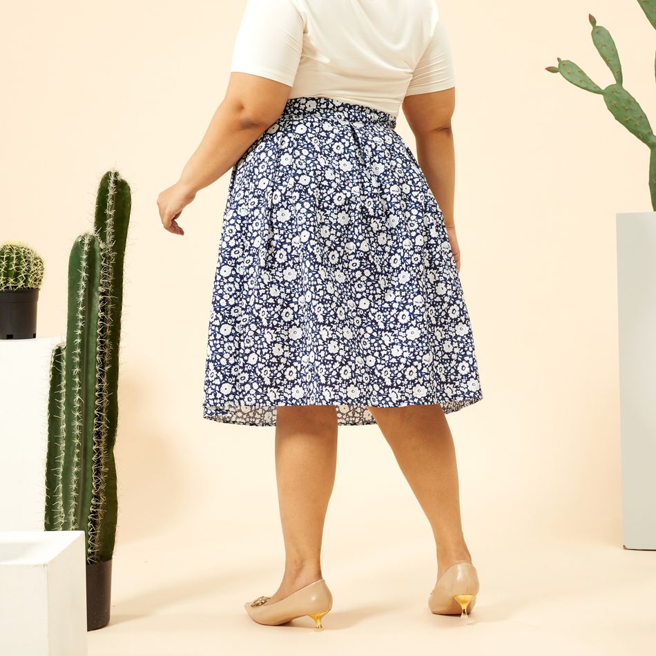 Women Plus Size Elegant 100% Cotton Floral Print Skirt Dark Blue big image 6