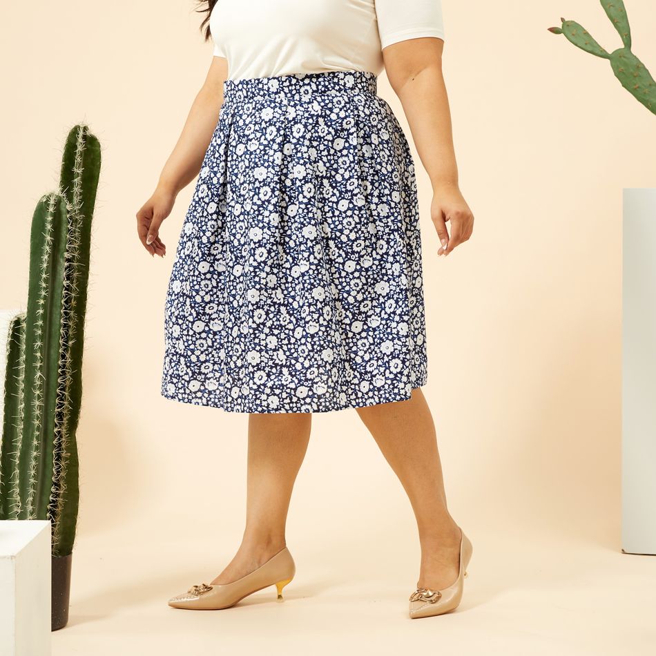 Women Plus Size Elegant 100% Cotton Floral Print Skirt Dark Blue
