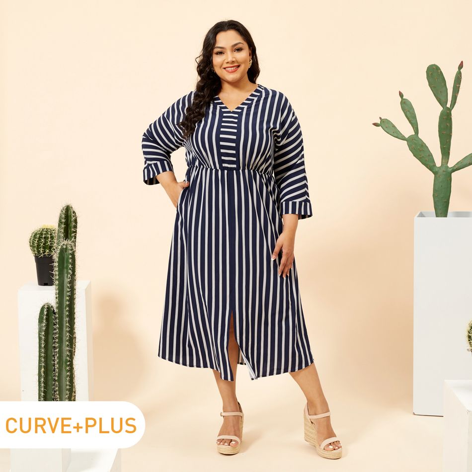 Women Plus Size Casual Stripe V Neck Slit Long-sleeve Midi Dress Royal Blue