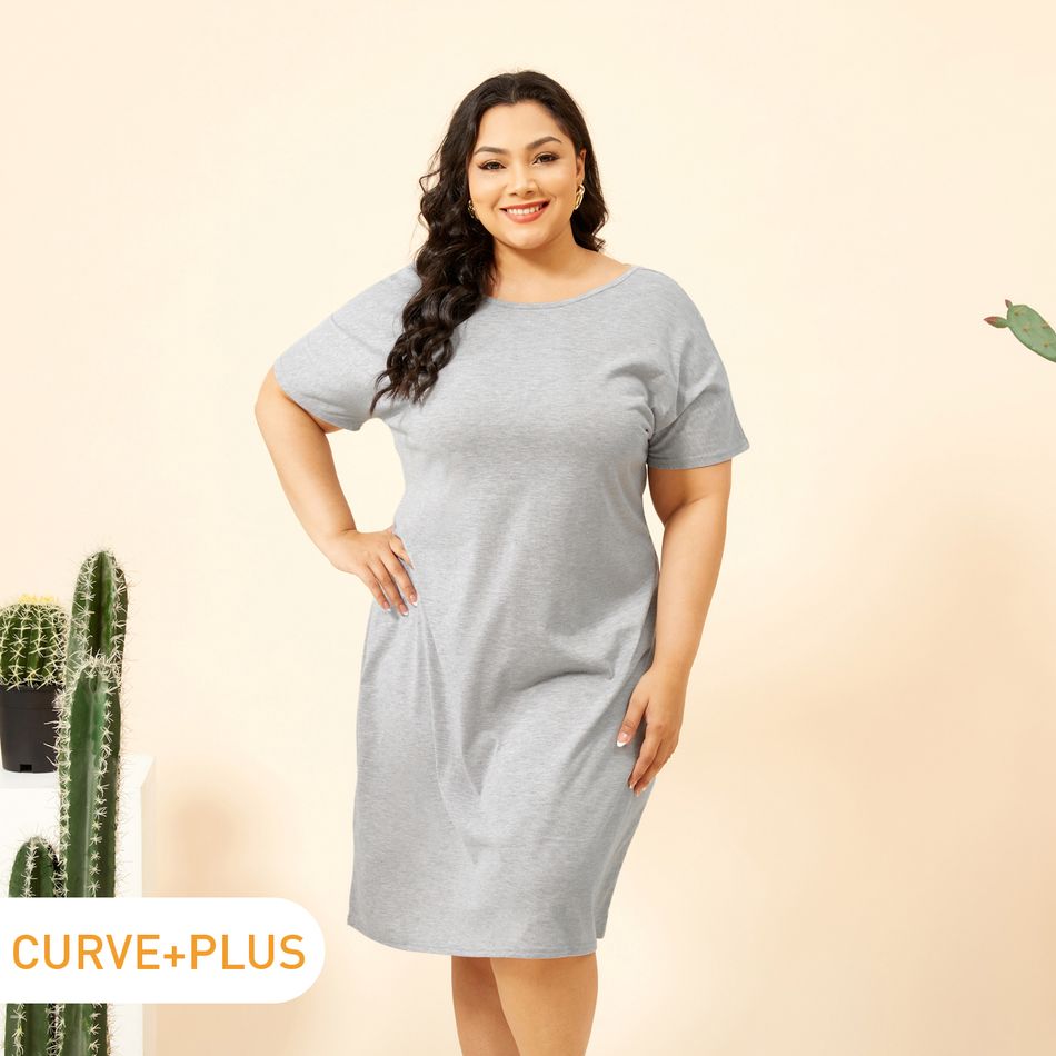 Women Plus Size Basics Round-collar Backless Crisscross Grey Nightdress Grey