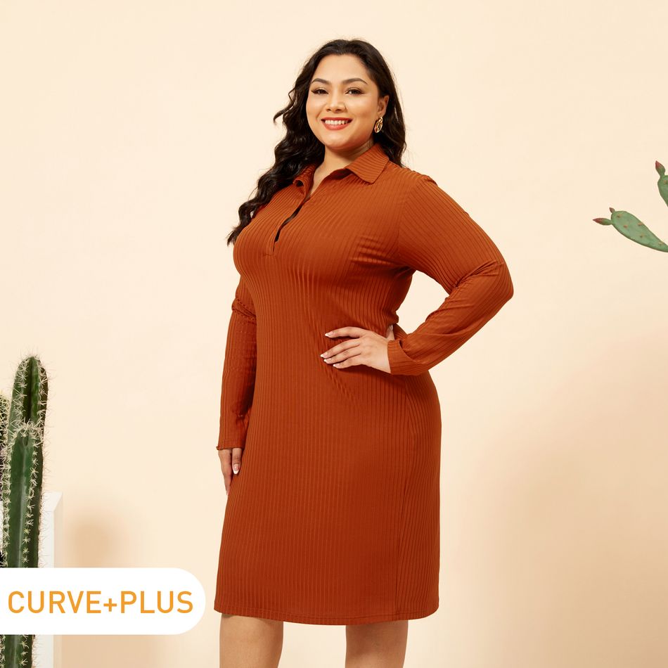 Women Plus Size Elegant Lapel Collar Button Design Long-sleeve Ribbed Dress Burgundy