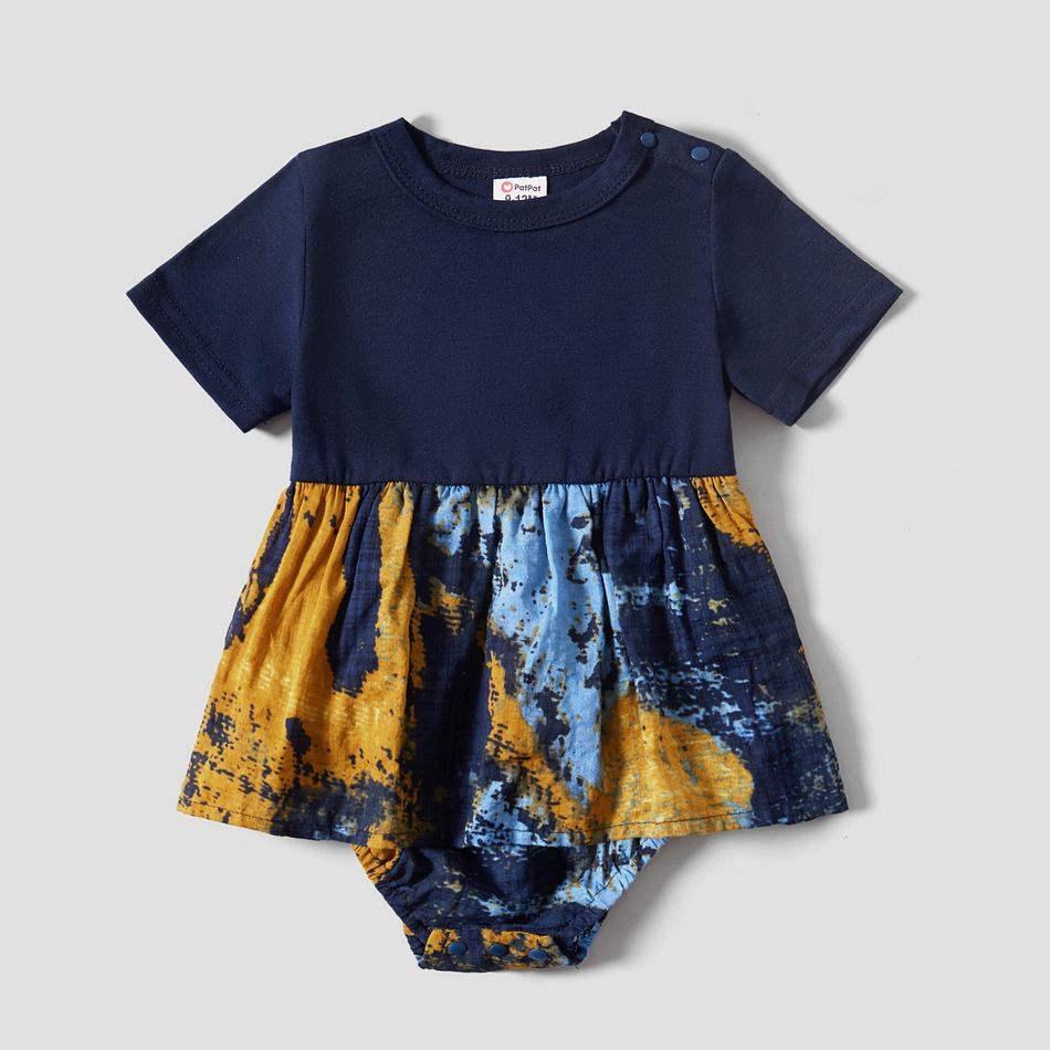 100% Cotton Tie Dye Splicing Short-sleeve Family Matching Sets（ Belted Midi Dresses and Colorblock T-shirts） Yellow big image 13