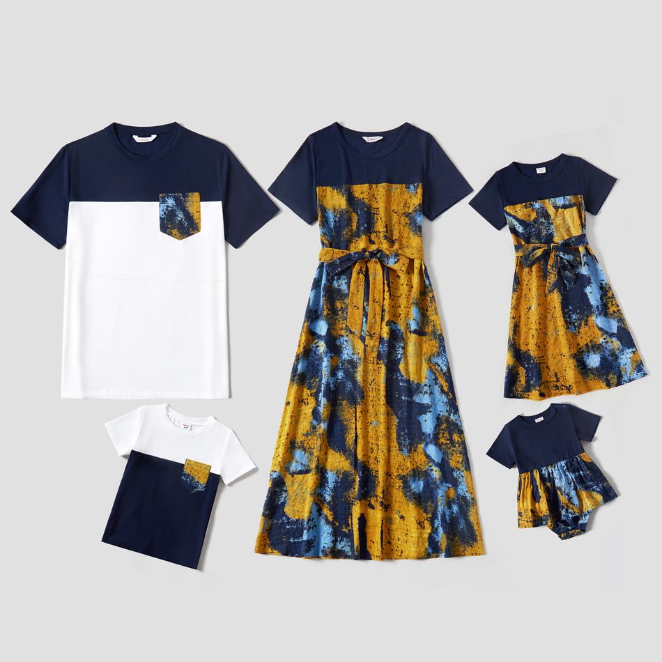 100% Cotton Tie Dye Splicing Short-sleeve Family Matching Sets（ Belted Midi Dresses and Colorblock T-shirts） Yellow big image 8