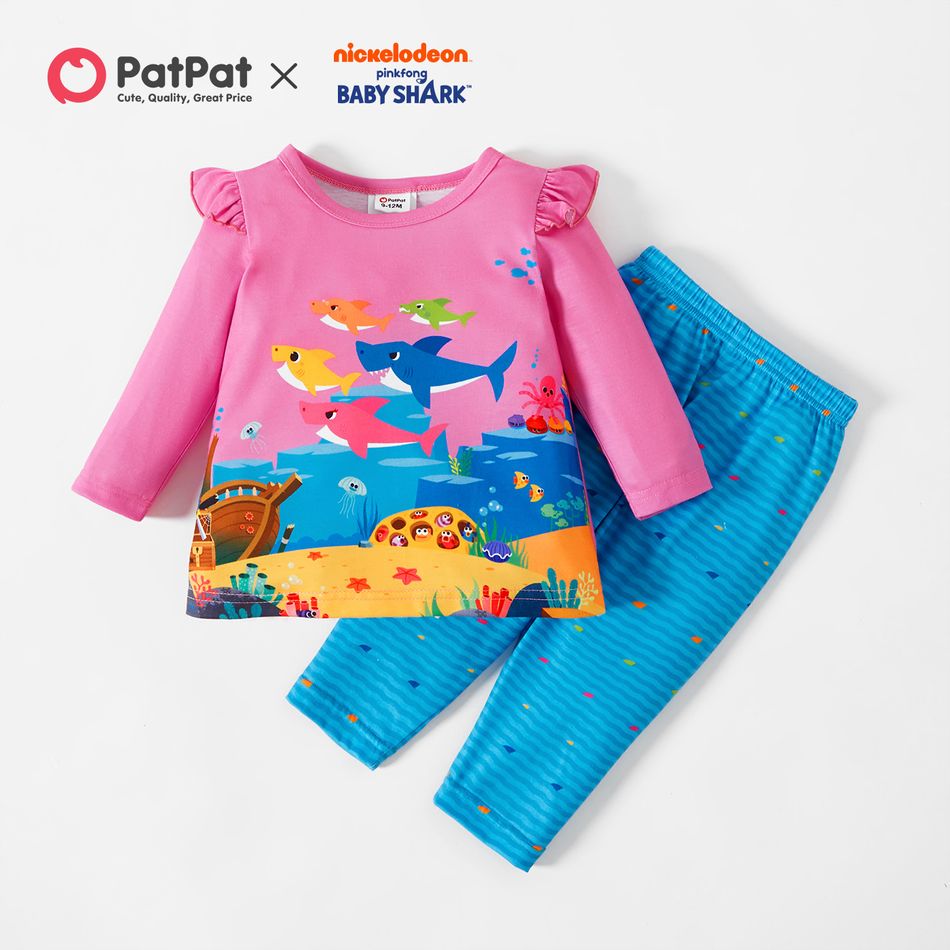 Baby Shark 2-piece Baby Girl Flounce Tee and Stripe Pants Set Multi-color
