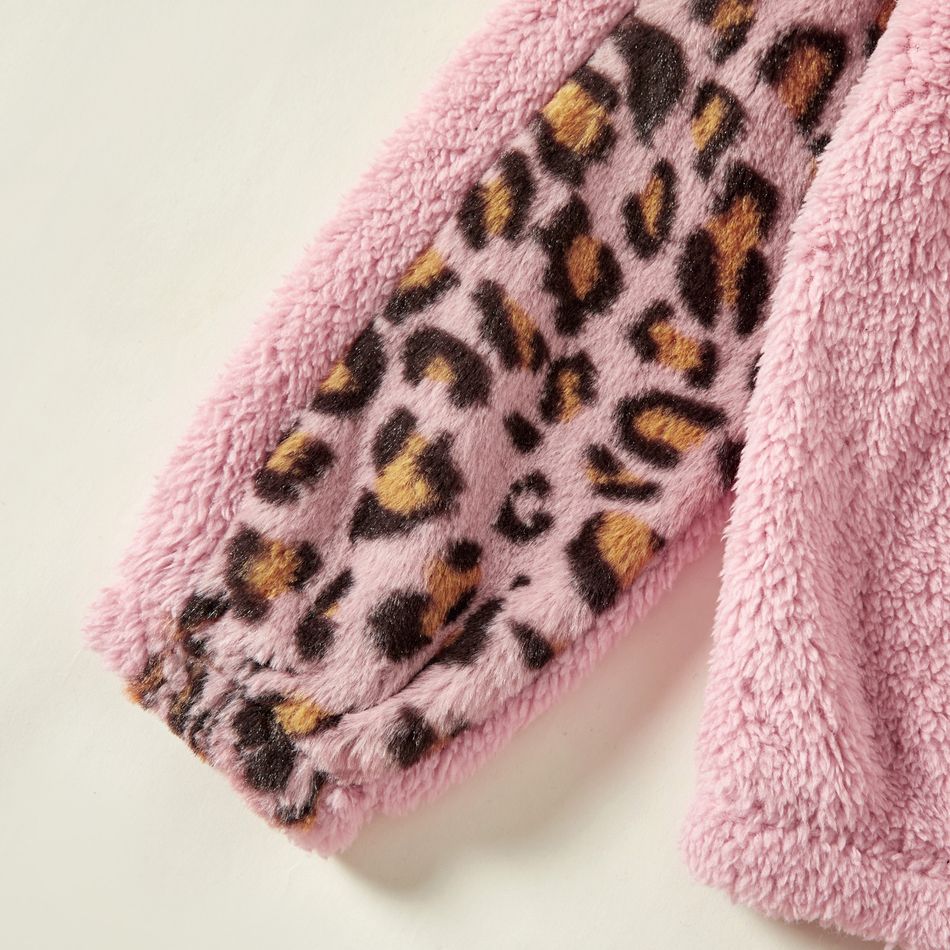 2-piece Kid Girl Leopard Print Fuzzy Pullover Sweatshirt and Denim Leggings Set Pink big image 3