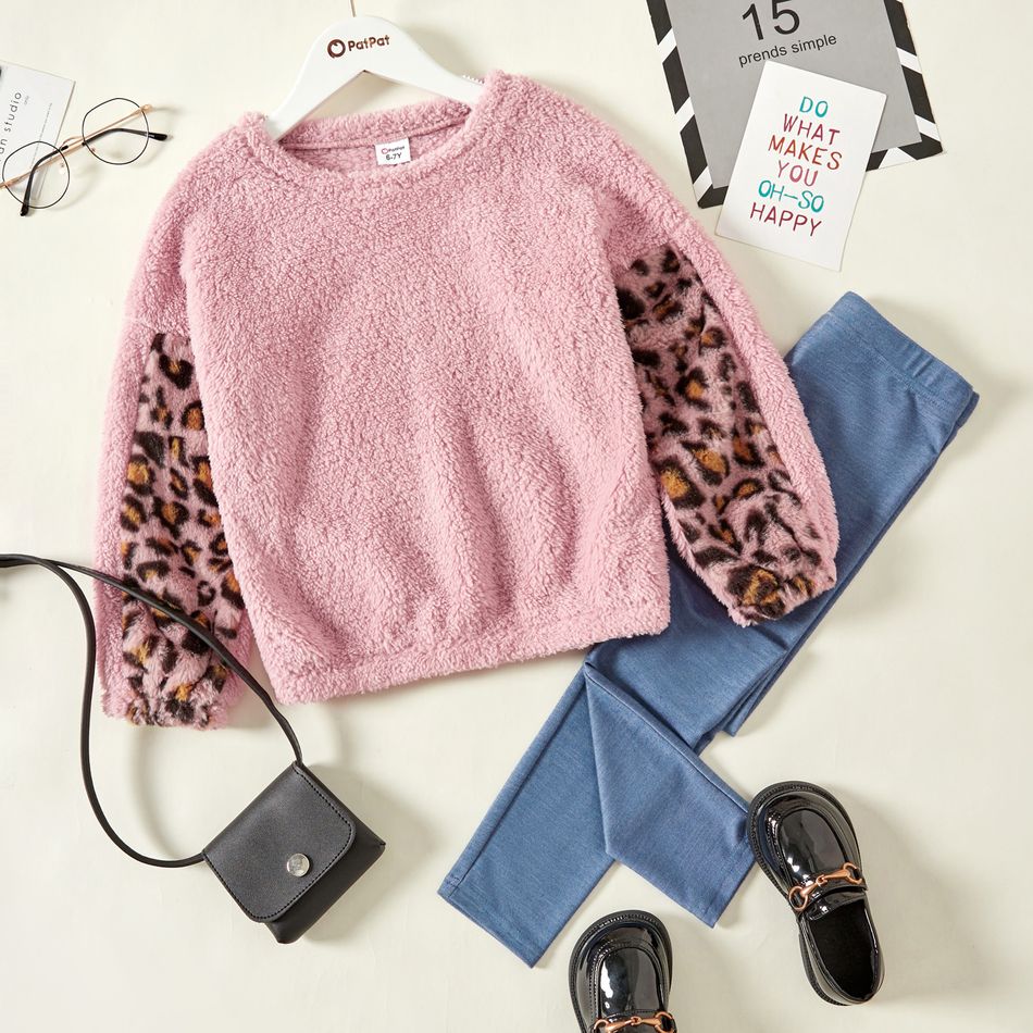 2-piece Kid Girl Leopard Print Fuzzy Pullover Sweatshirt and Denim Leggings Set Pink big image 1
