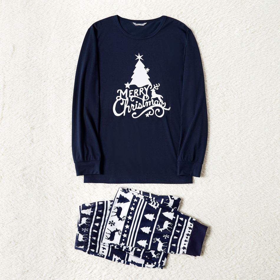 Christmas Tree Reindeer and Letter Print Blue Family Matching Long-sleeve Pajamas Sets (Flame Resistant) Royal Blue big image 2