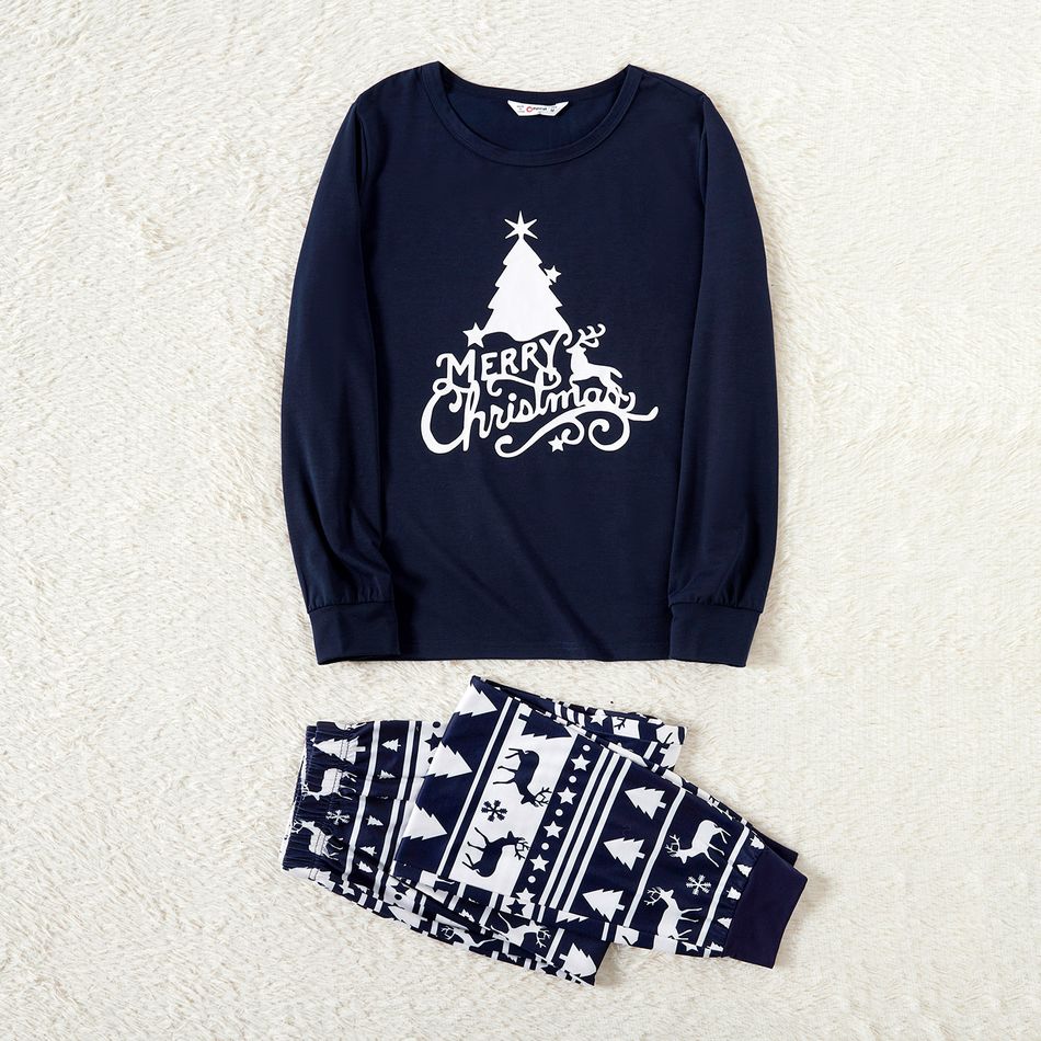 Christmas Tree Reindeer and Letter Print Blue Family Matching Long-sleeve Pajamas Sets (Flame Resistant) Royal Blue big image 3
