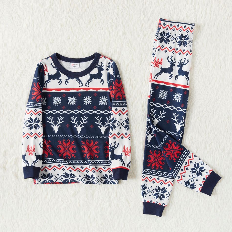 Christmas All Over Reindeer and Snowflake Print Snug Fit Family Matching Long-sleeve Pajamas Sets Royal Blue big image 5