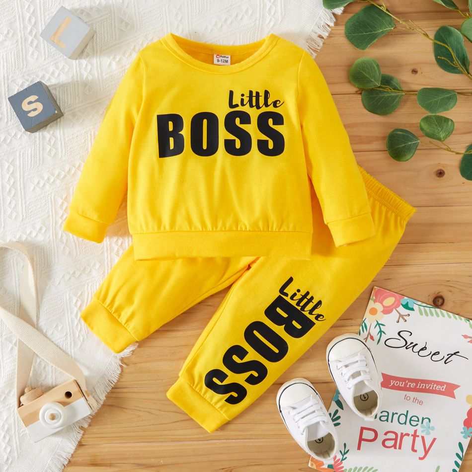 2pcs Baby Boy Letter Print Solid Long-sleeve Sweatshirt and Trousers Set Yellow