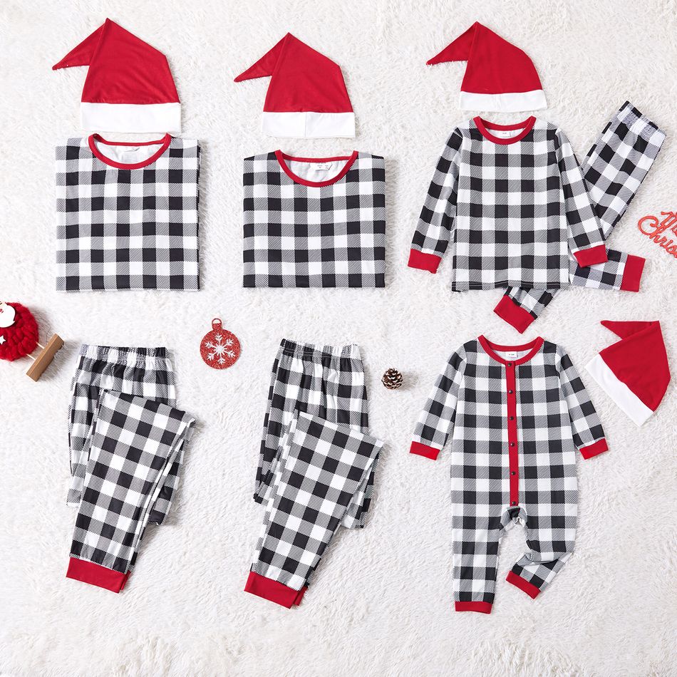 Christmas Black and White Plaid Family Matching Long-sleeve Pajamas Sets Within Hats (Flame Resistant) Black/White
