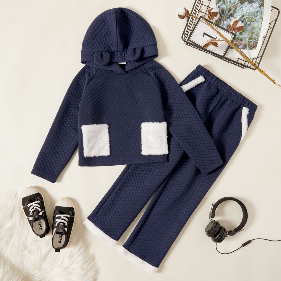 2-piece Kid Girl Ear Design Fuzzy Pocket Textured Hoodie Sweatshirt and Pants Set Blue