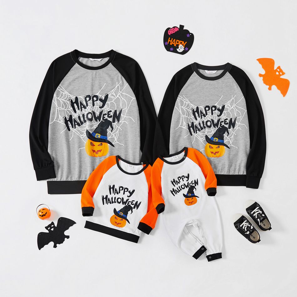 Halloween Pumpkin and Letter Print Family Matching Raglan Long-sleeve Sweatshirts Color block