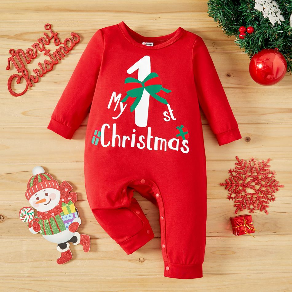 Baby Girl/Boy Christmas Cane and Letter Print Long-sleeve Jumpsuit Red
