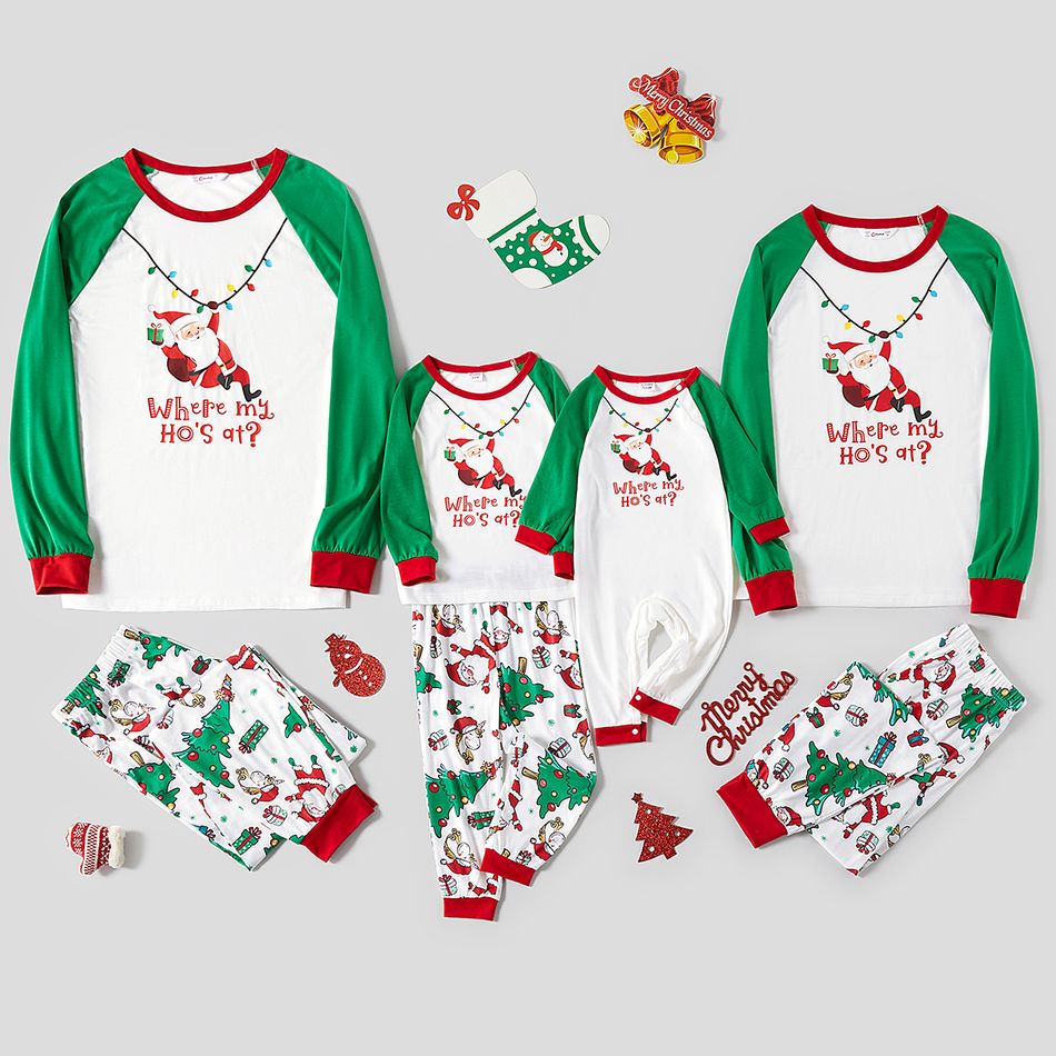 Christmas Santa and Letter Print Green Family Matching Long-sleeve Pajamas Sets (Flame Resistant) Multi-color