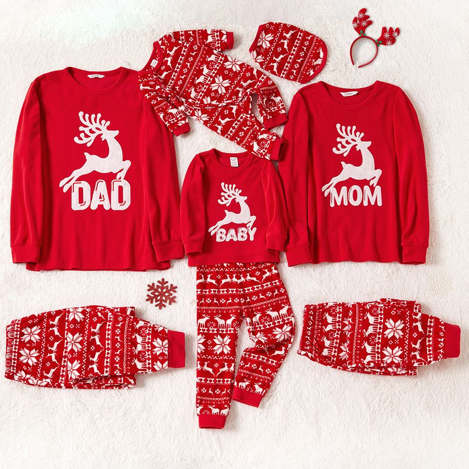 Christmas Reindeer and Letter Embroidered Red Family Matching Long-sleeve Thickened Polar Fleece Pajamas Sets (Flame Resistant) Red