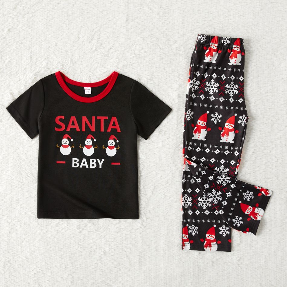 Christmas Snowman and Letter Print Black Family Matching Short-sleeve Pajamas Sets (Flame Resistant) Black big image 8