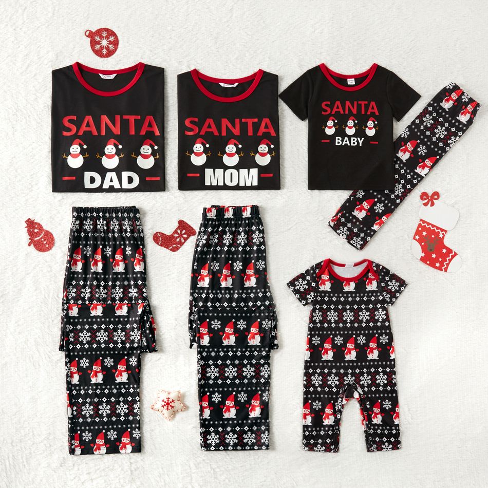Christmas Snowman and Letter Print Black Family Matching Short-sleeve Pajamas Sets (Flame Resistant) Black big image 1