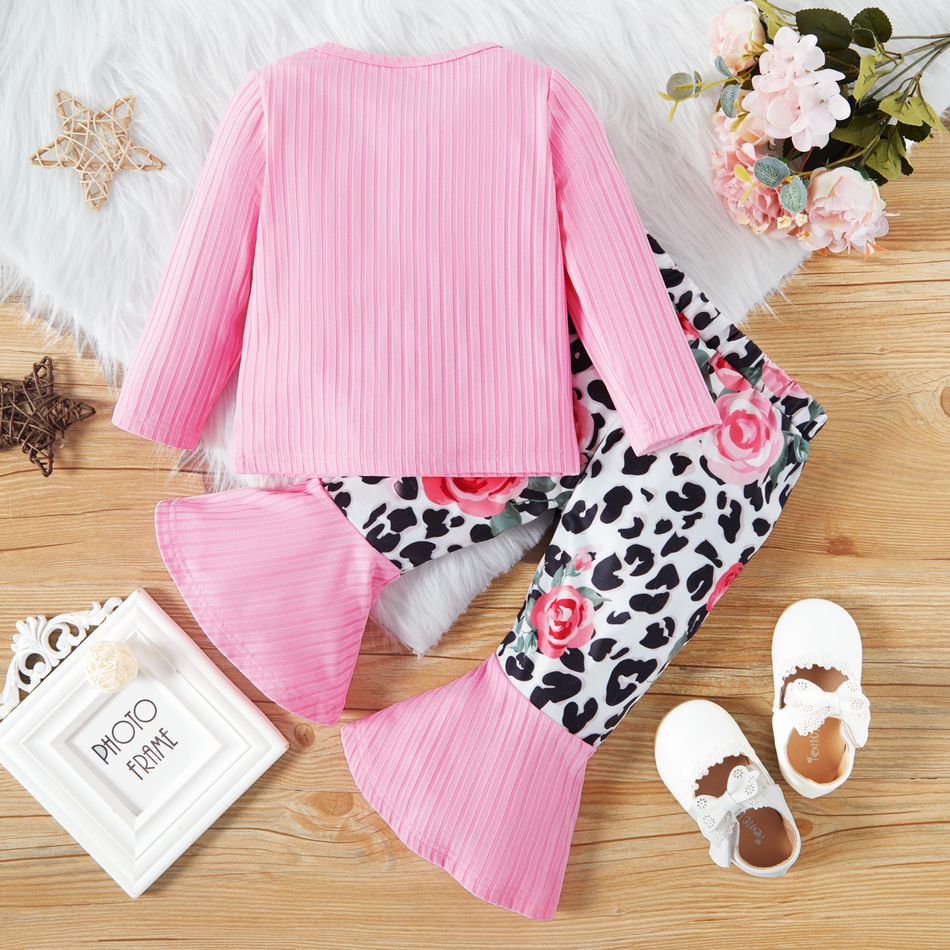 2pcs Baby Girl Letter Print Pink Long-sleeve Ribbed Top with Leopard and Floral Print Bell Bottom Pants Set Pink big image 5