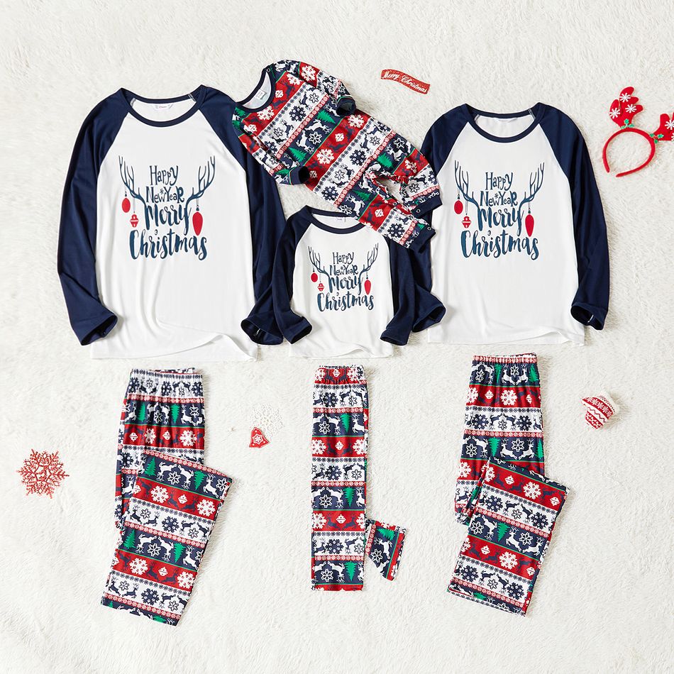 Christmas Antlers and Letter Print Family Matching Long-sleeve Pajamas Sets (Flame Resistant) Black/White