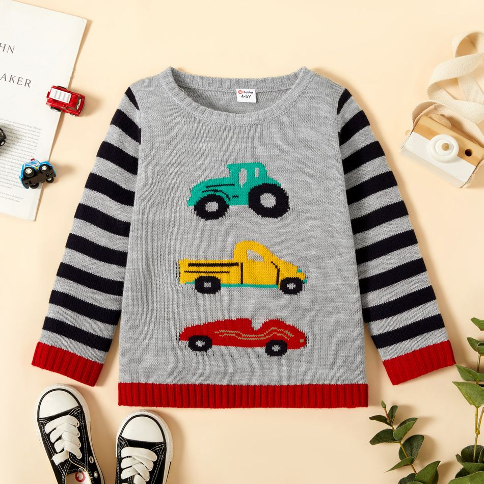 Toddler Boy Casual Vehicle Car Pattern Striped Sweater Grey