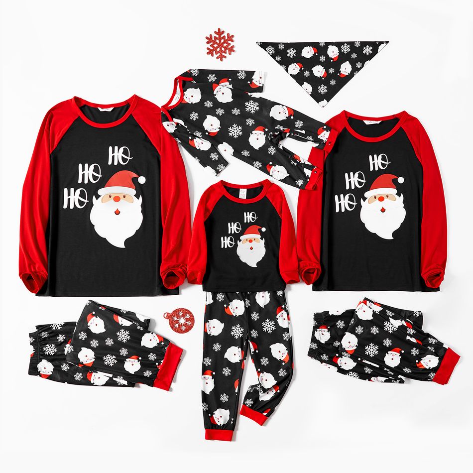 Christmas Cartoon Santa and Snowflake Print Black Family Matching Raglan Long-sleeve Pajamas Sets (Flame Resistant) Black/White/Red